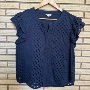 Navy Eyelet Top - Size XL - Bust 38 - Women's Top - Ruffled Spring Blouse
